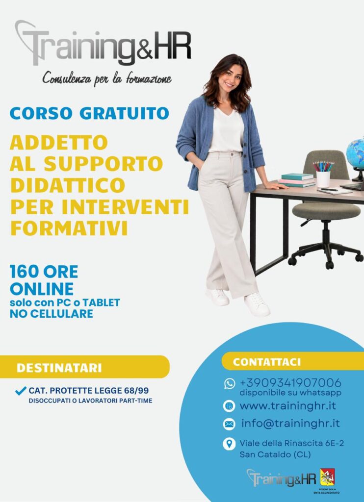 Corso gratuito Training&HR di 160 ore online per Addetto al supporto didattico rivolto alle Categorie Protette Legge 68/99.